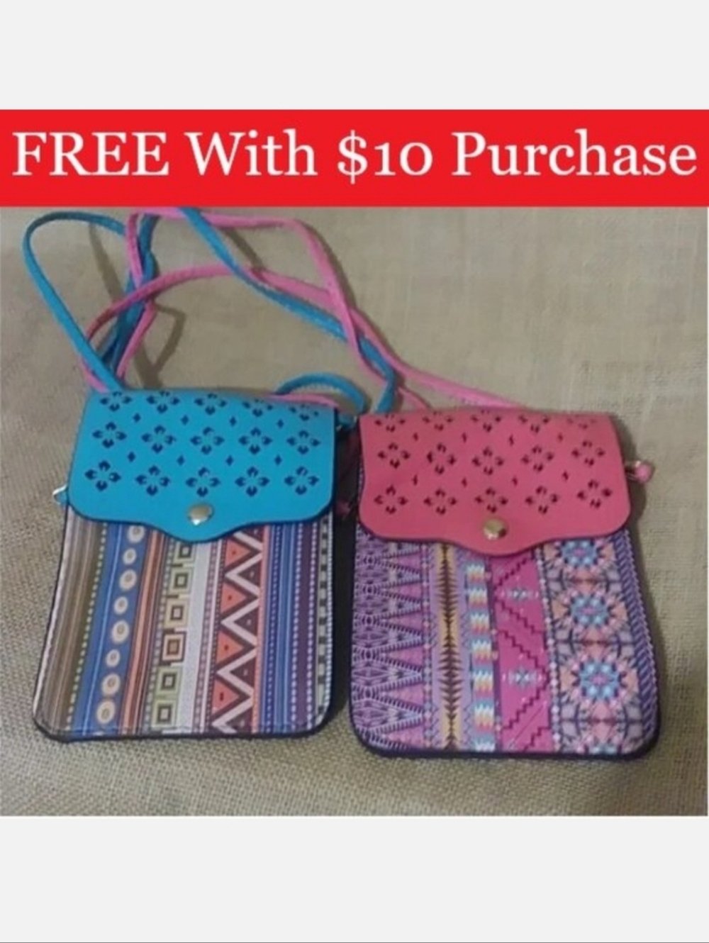 Crossbody Pleather Bags Badge ID Holder Aztec Design Vibrant Colors RED BANNER